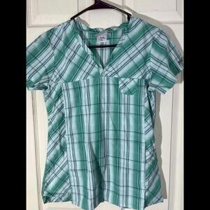 Greys Anatomy Scrub Top Womens Size XS Green Plaid Short Sleeve Medical Uniform